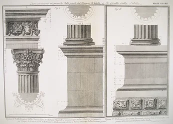 Planche CXI-XII Illustration de la structure de la colonne du Temple de Vesta et du Temple de Sibilla de 